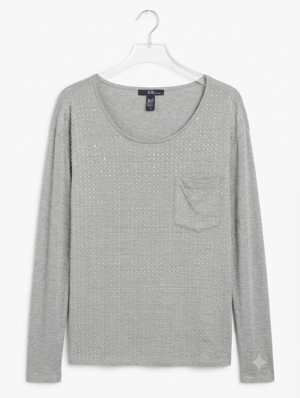 Women's Gray Long Sleeve Studded Pocket Tee New